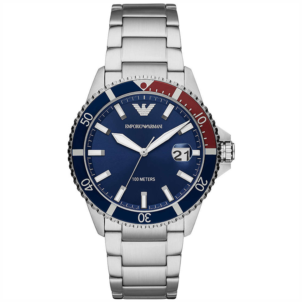 Emporio Armani AR11339 Horloge Diver staal zilverkleurig-blauw-rood 42 mm 1